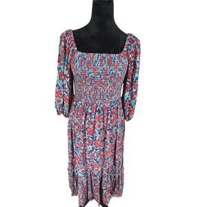 Angie Womens Floral Smocked Milkmaid Midi Dress Tiered Square Neck Boho Medium